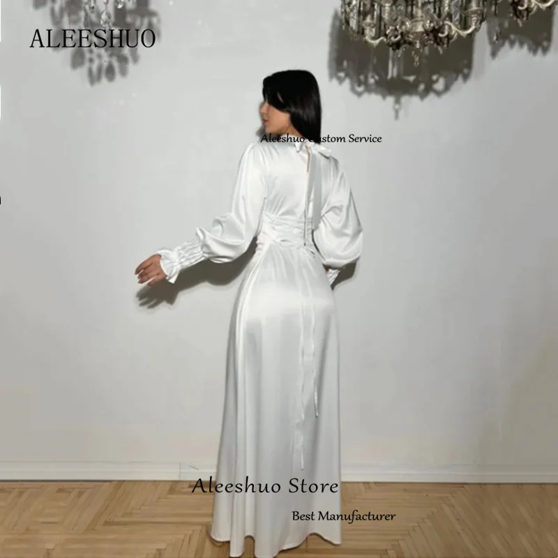 Aleeshuo eleganti taffetà maniche lunghe abiti da ballo per le donne arabo Dubai Lace Up collo alto pieghe Evening muslimatextial qtido