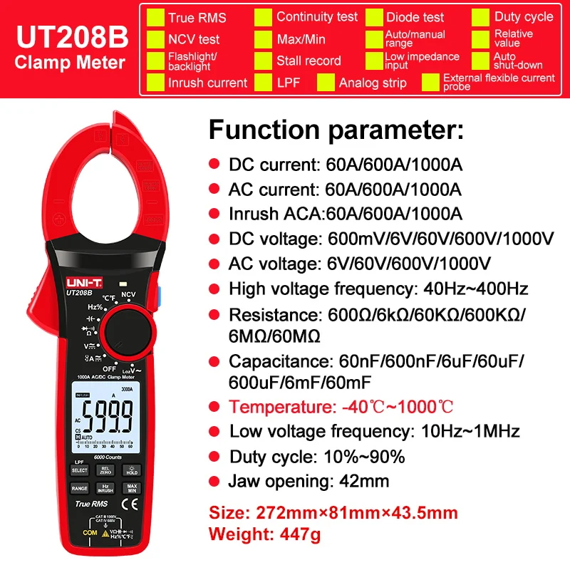 UNI-T Stroomtang UT207B UT208B AC DC Amperometrische Stroomtang Digitale Multimeter Ampèremeter Tang Inrush Stroom Tester Workshop Gereedschap
