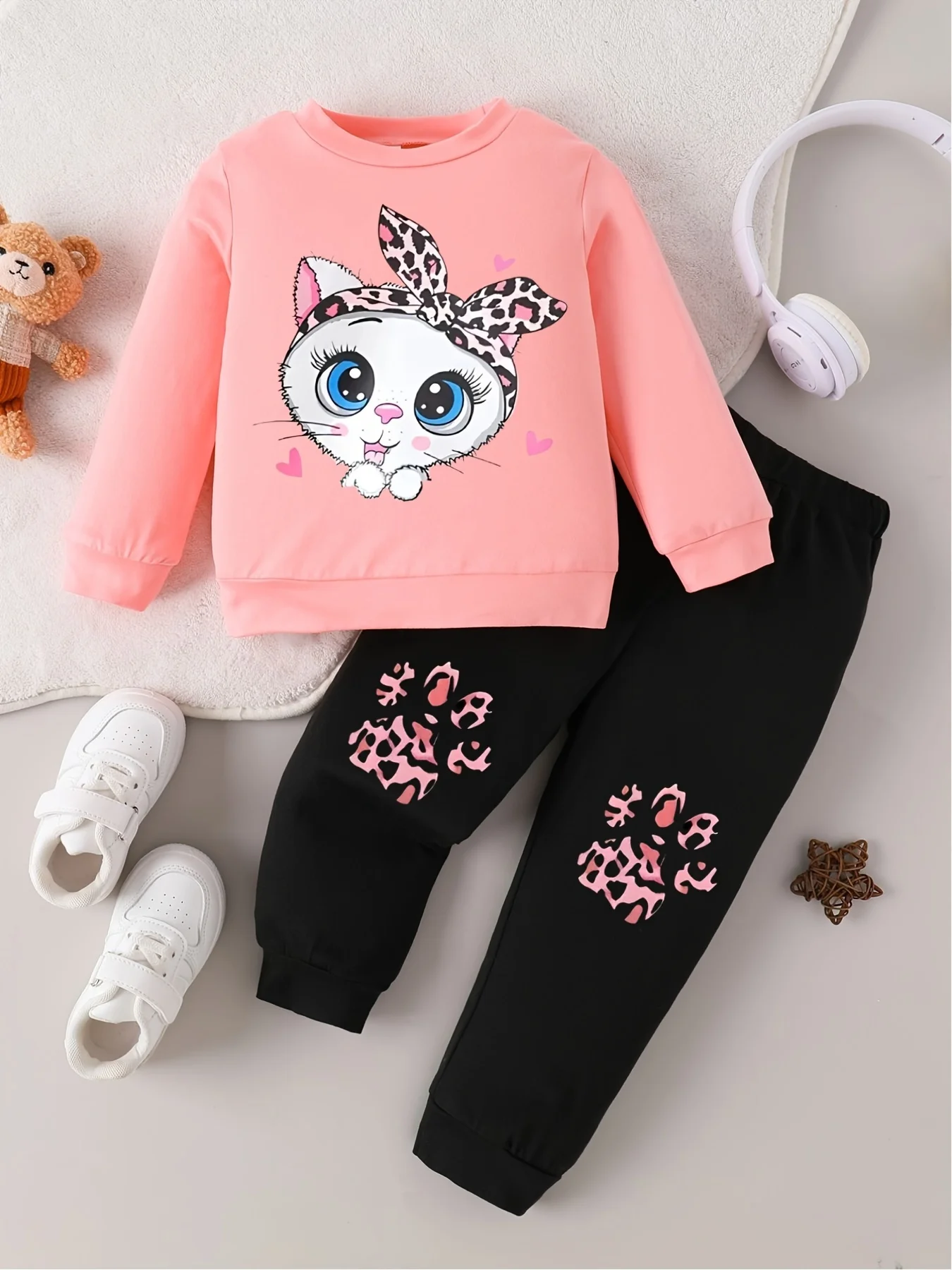 Conjunto de niño pequeño con diadema de leopardo rosa y gato | Conjunto de pantalones y top de manga larga de 2 piezas para niñas
