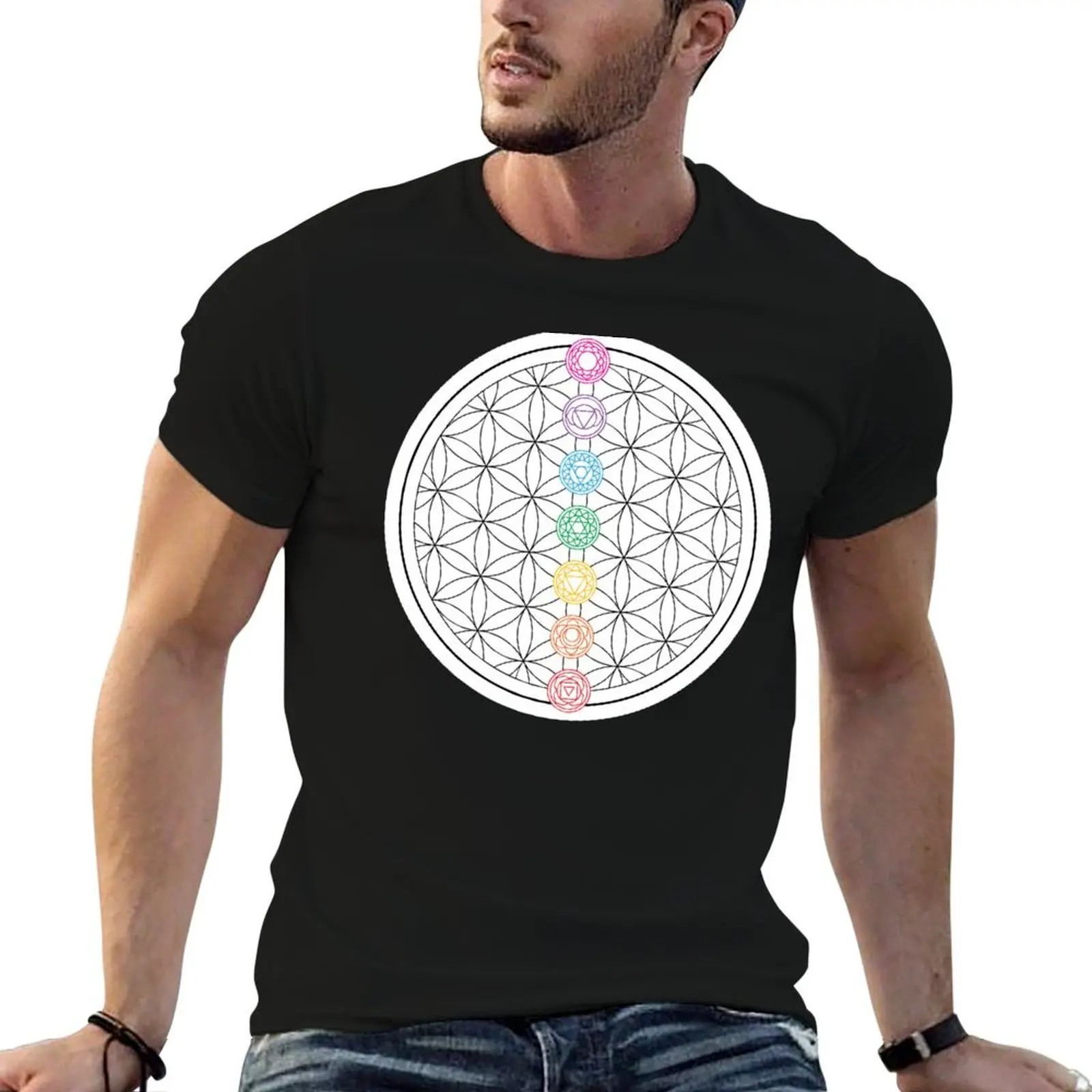 

Sacred Geometry Flower of Life & Chakras - White T-Shirt man tshirt cotton t shirts high quality man t shirt luxury T-shirt