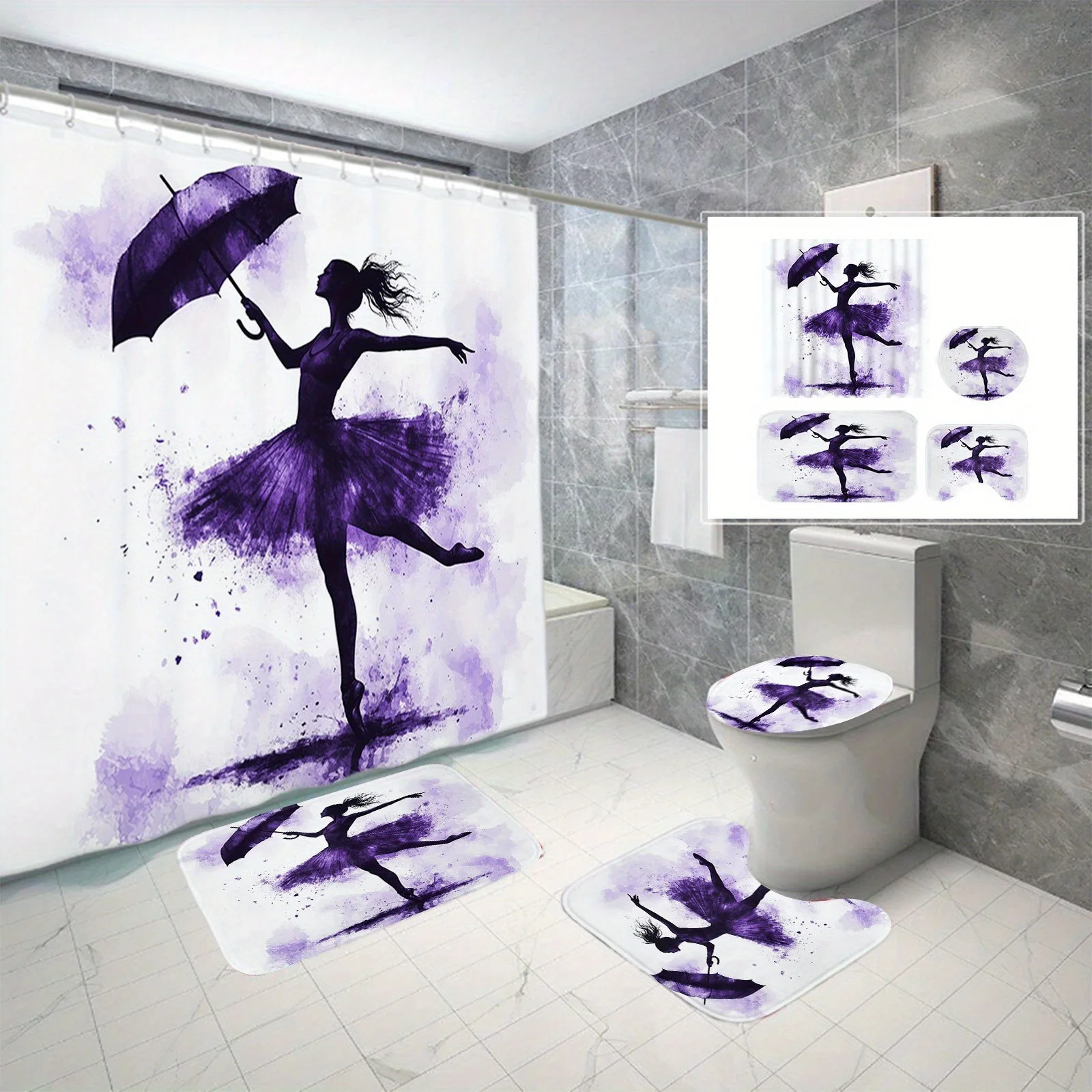 

Ручной зонт Paris Actor из 4 предметов, занавеска для душа с цифровым принтом, нескользящий коврик, U-образный коврик, коврик для сиденья унитаза