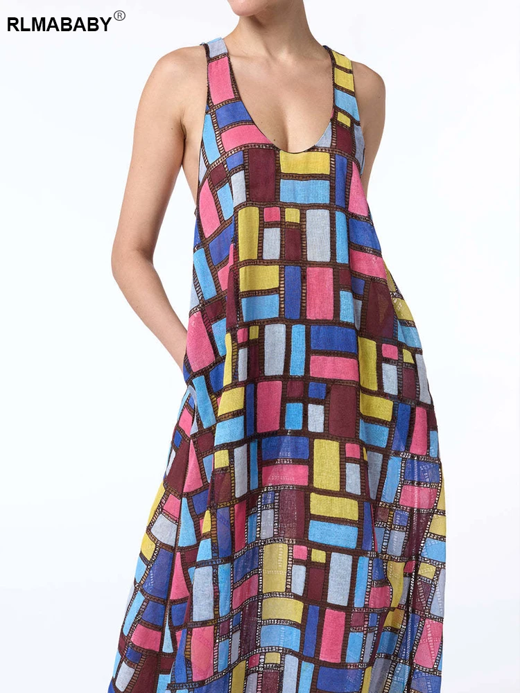 RLMABABY موضة ملونة منقوشة طباعة فستان طويل فضفاض المرأة منخفضة الرقبة بلا أكمام عارية الذراعين الشارع الشهير فستان ماكسي بوهيمي غير رسمي