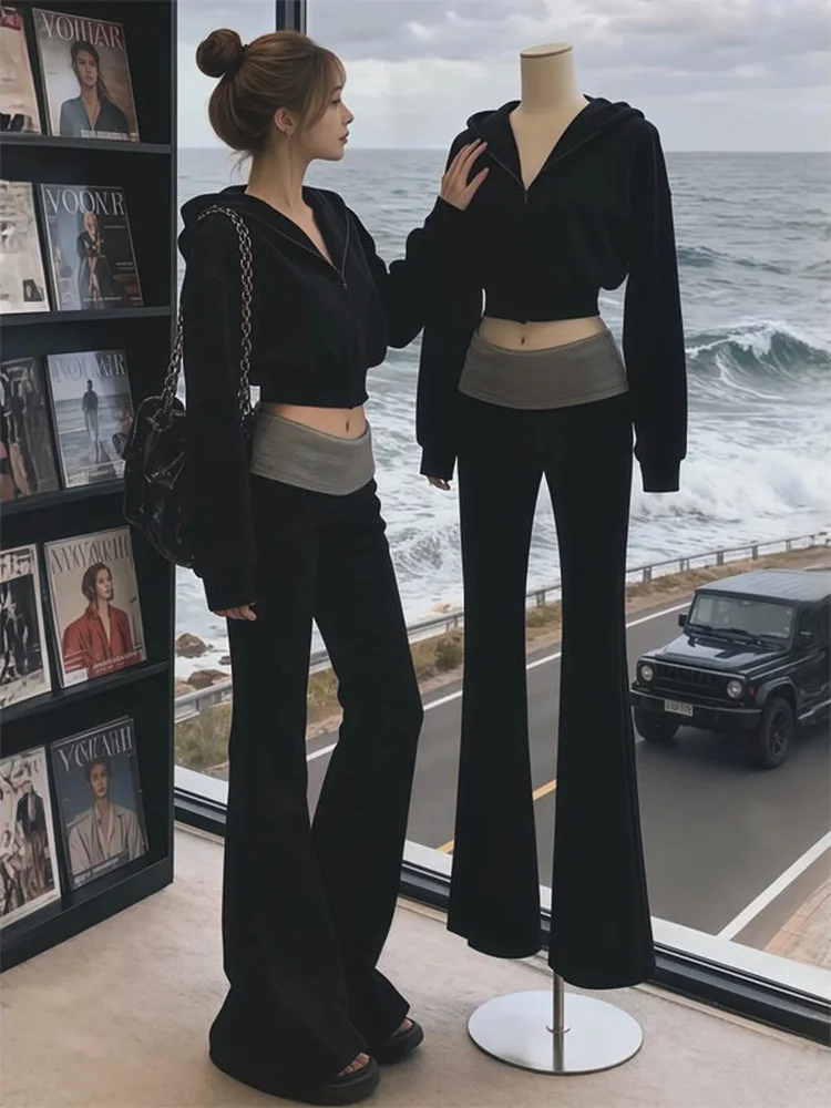 

Korean High-End Elegant Black Hoodie And Flared Pants Set Spring Early Fashionable Two-Piece Suit Women's Casual Wear