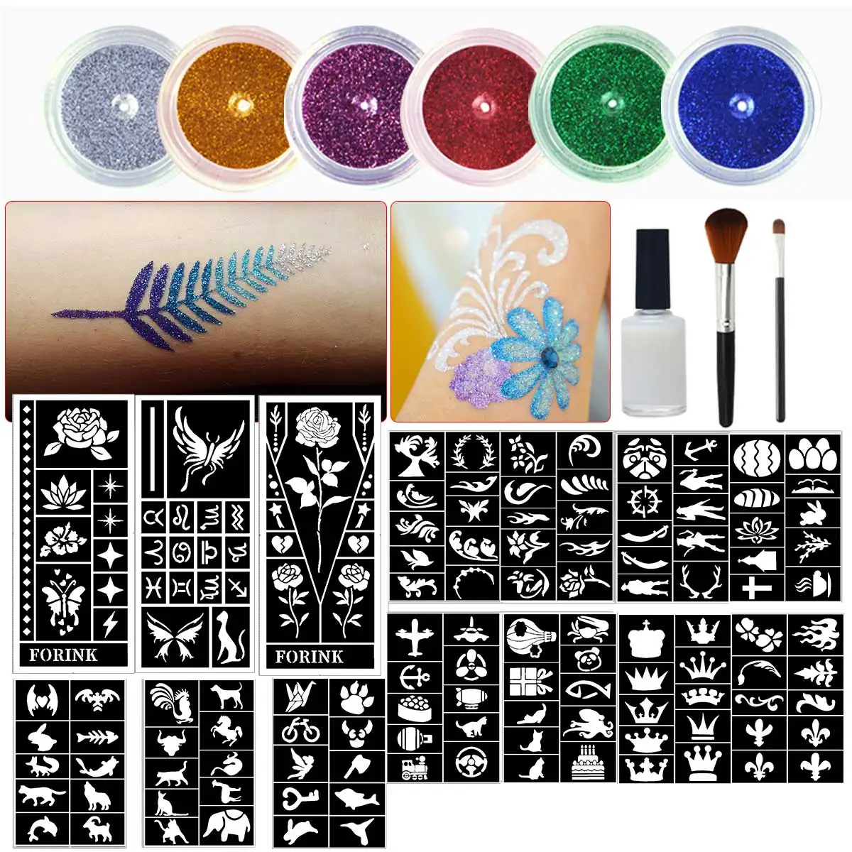 6 latas de polvo de brillo metálico multicolor de gran capacidad y 14 hojas de varios plantillas de plantilla, tatuajes de maquillaje temporal DIY a mano, con pegamento grande y juego de 2 brochas, para fiestas de arte de Halloween, viajes, Navidad, carnaval, cumpleaños