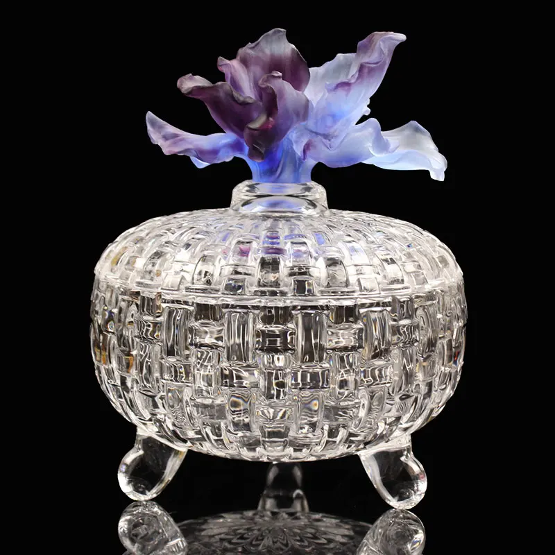 Floral Pattern Embossed Crystal Bowl with Glass Lid for Fashion Home Business Storage Sample