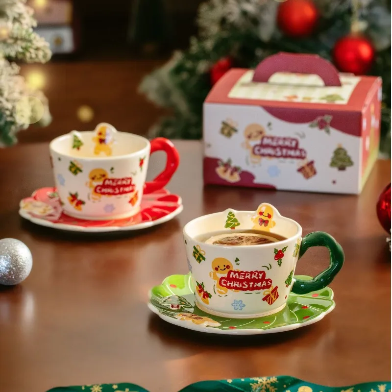 Cartoon Christmas Gingerbread Man Ceramic Coffee Cup and Saucer Home Afternoon Tea Flower Tea Coffee Cup Milk Mug Christmas Gift