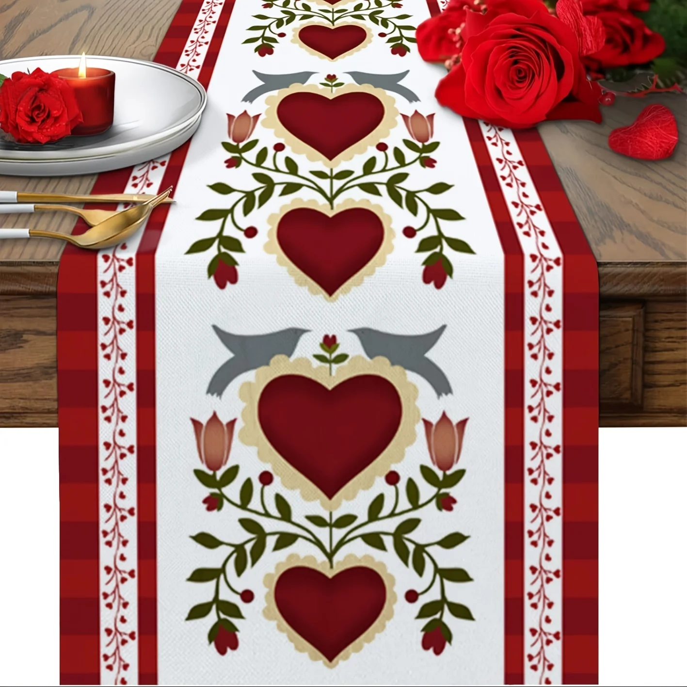 Valentine's Day Vintage Heart Flower Table Runner - Red Striped Farmhouse Decor for Kitchen Dining Party