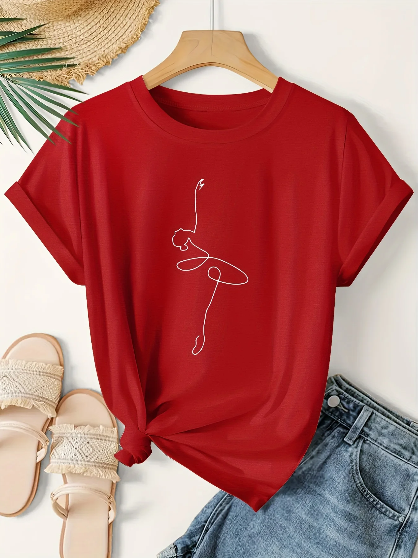 Female Ballet Dancer's Line Art Design Retro Fashion Harajuku Street Style Sleeved T-shirt Summer Streetwear  Aesthetic Clothes