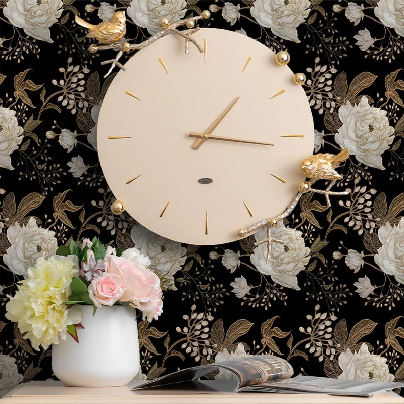 Papel de parede floral preto com casca e bastão, papel de contato de 17,7 polegadas x 118,1 polegadas, autoadesivo vintage