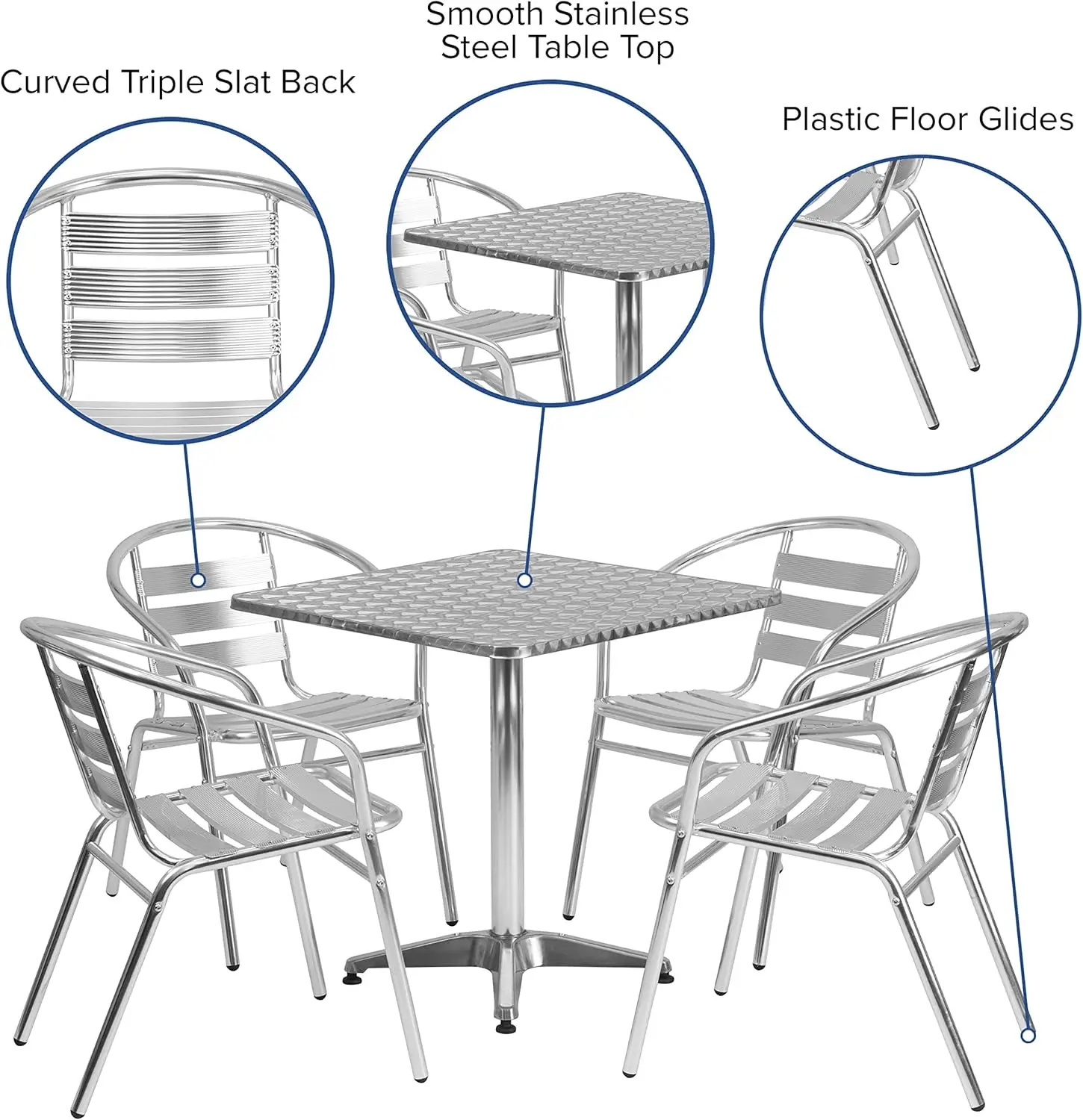 Conjunto de jantar de alumínio com mesa quadrada, 4 cadeiras de slat, interior e exterior, mesa e cadeiras de bistro, prata, 5 pcs