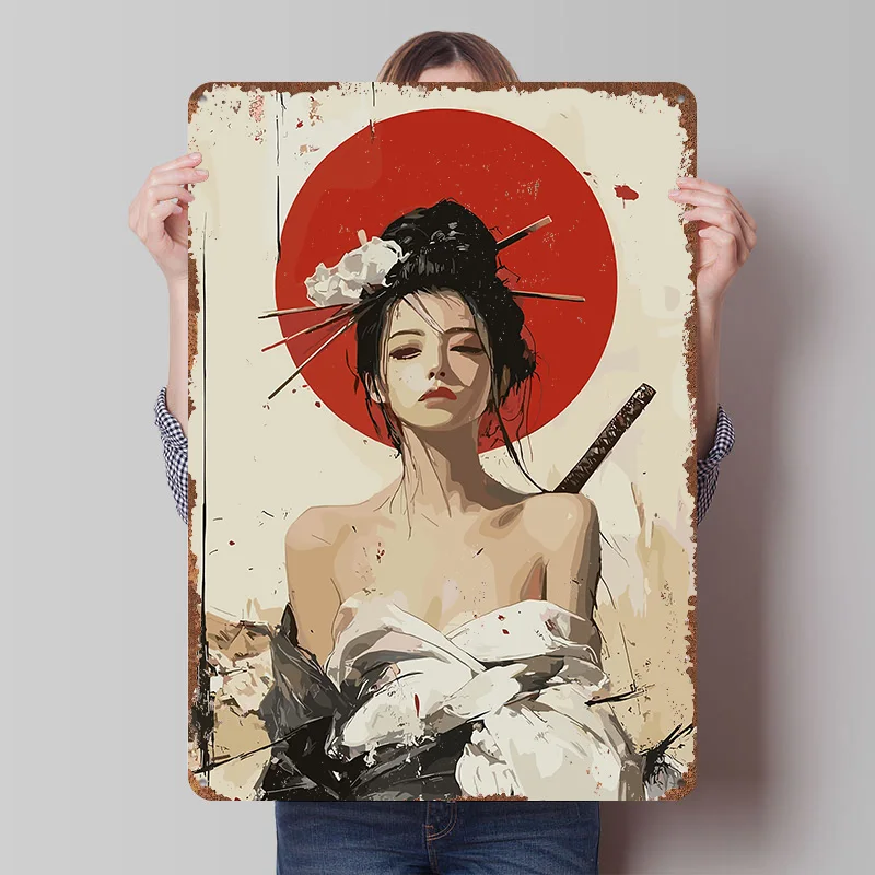 Geisha With Katana and Red Sun Tin Plaque Poster Customized Wall Art Retro Vintage Metal Signs for Room Decoration Home House