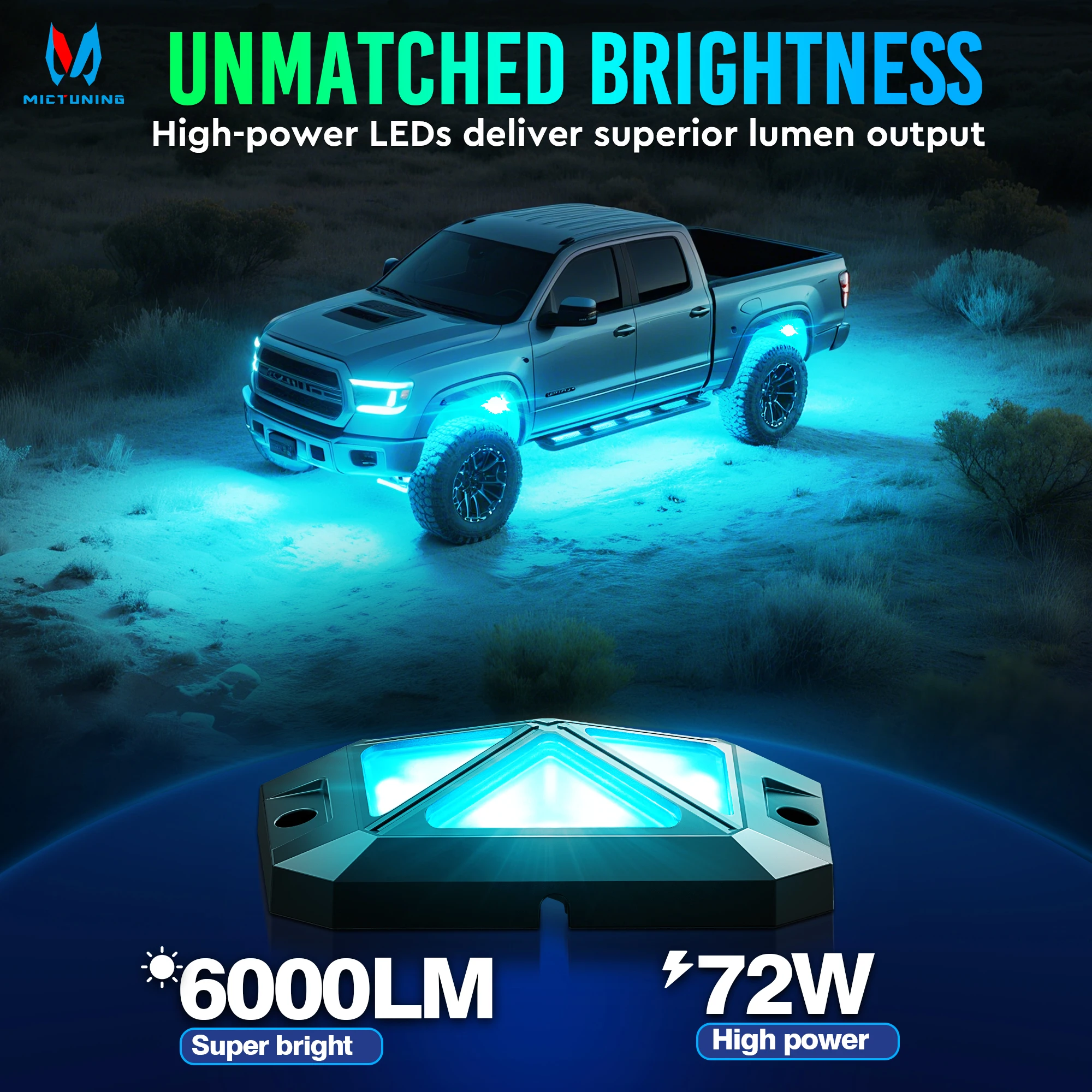 MICTUNING C4 RGBW LED Rock Lights,12 Pods Underglow Neon Accent Lighting Kit, Smart App Control with Music Sync For Car Off-road