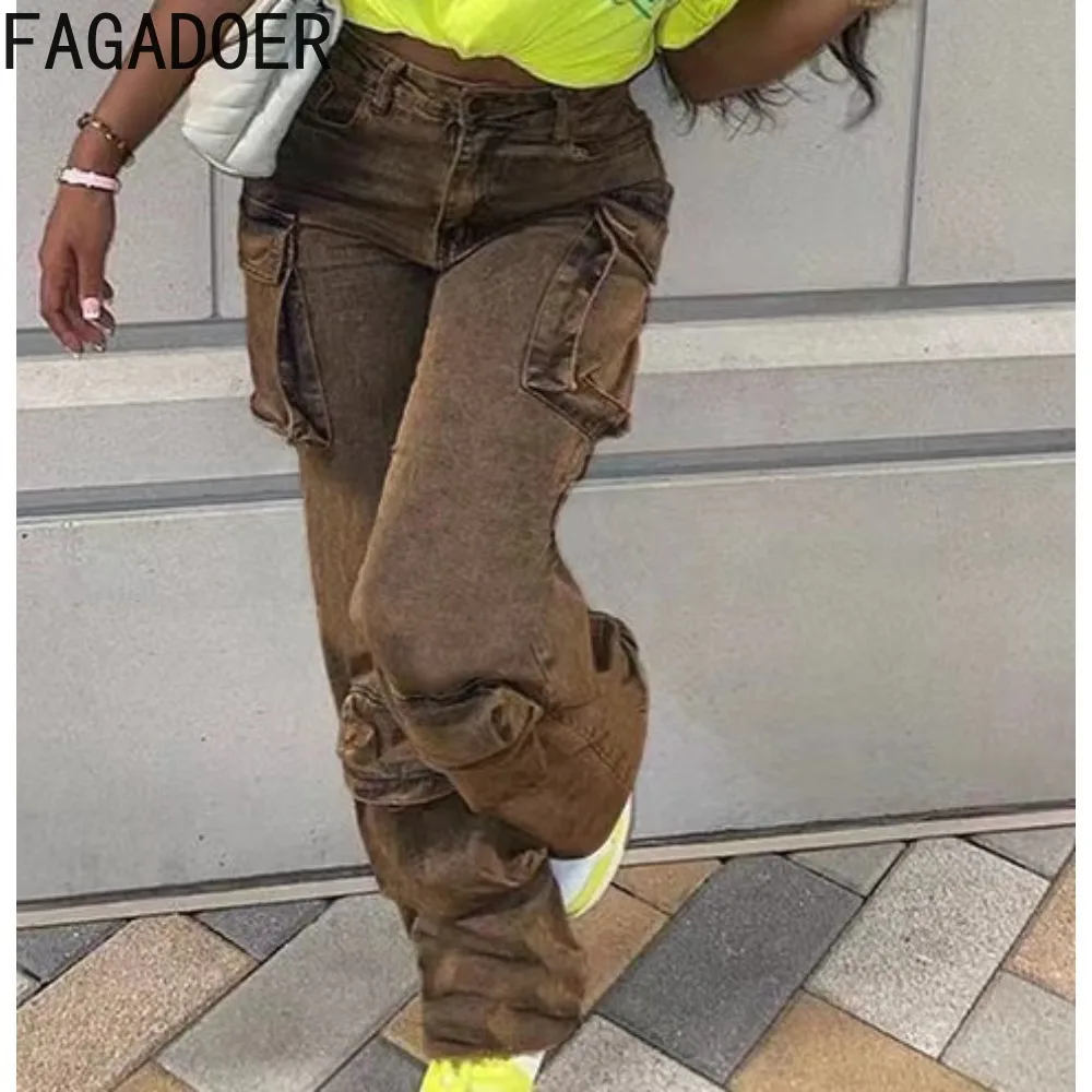 

FAGADOER Fashion Tie Dye Print Trend Streetwear Women Denim High Waisted Button Pocket Cargo Pants Casual Female Cowboy Trousers