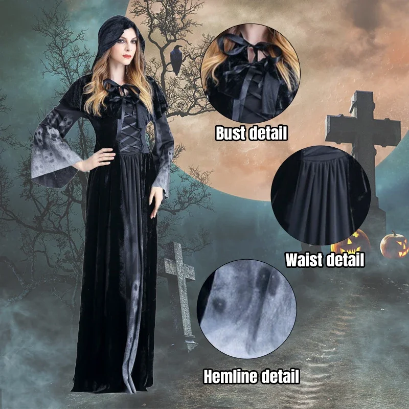 Disfraces de Cosplay aterradores de Halloween para mujer, accesorios de disfraz de bruja fantasma, conjuntos de vestidos medievales góticos, ropa de vampiro, Sui de terror