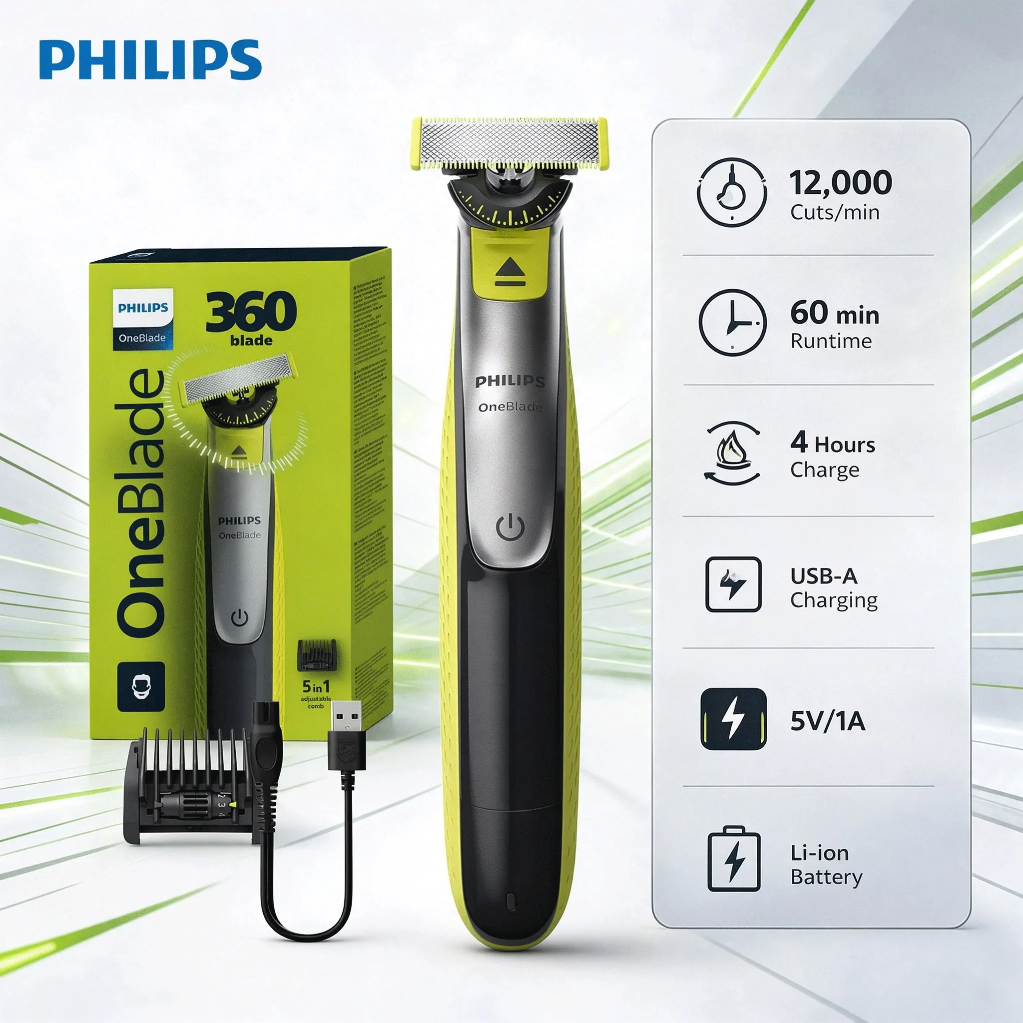 Philips OneBlade360 QP2734/23 Multi-function Electric Shaver Trimmer with 5-in-1 Adjustable Comb