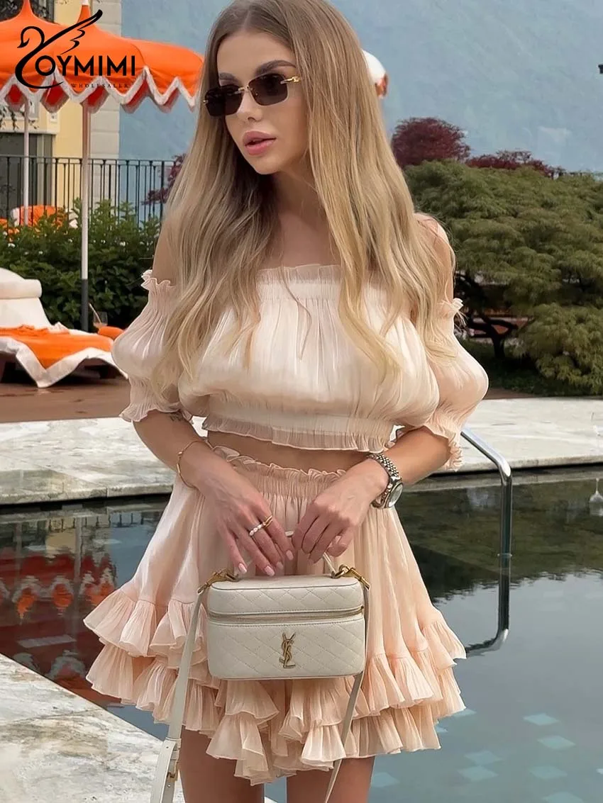 

Oymimi модный абрикосовый комплект из 2 предметов для женщин, повседневные укороченные топы без бретелек с короткими рукавами и плиссированные мини-юбки со средней талией