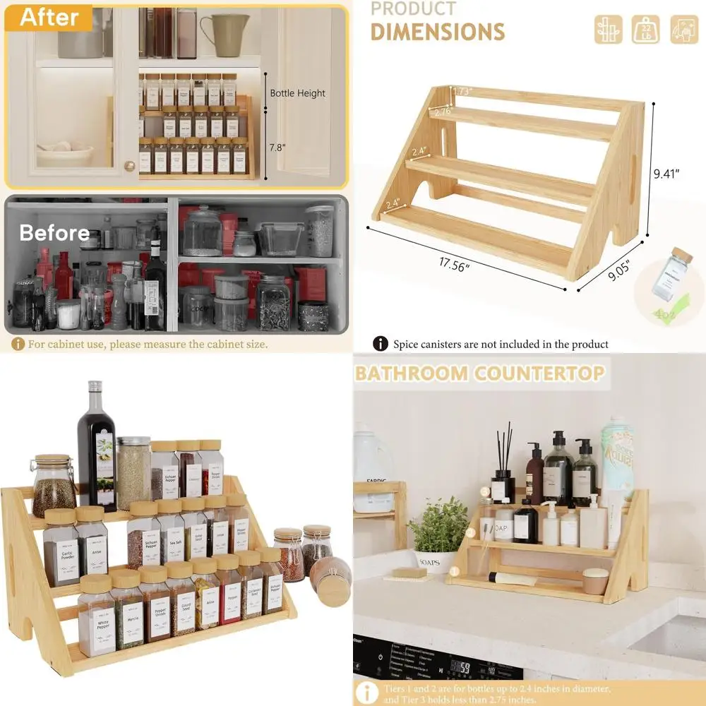 

3-х уровневая бамбуковая полка для специй, вмещает 27 баночек, органайзер для столешницы и шкафа, полка с желтой стрелкой