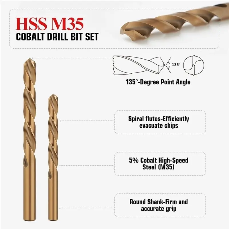 13Pcs M35 Cobalt Left Hand Drill Bit Set, High Speed Steel Drill Bits 1/16