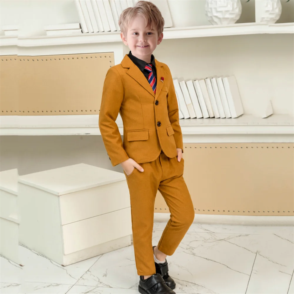 

Orange Formal Solid Boy's 3 Piece Suit Set Blazer Pants And Tie Matching Pantsuit For Wedding Prom School Activities