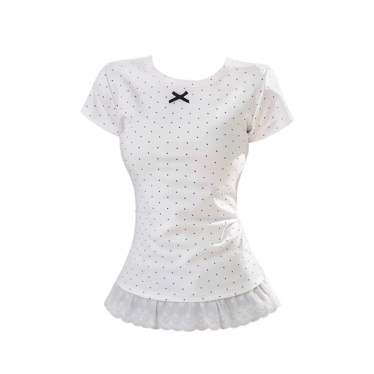 2000s Korean Fashion Polka Dot T Shirts Y2k Harajuku Slim Sweet Lace Patchwork Short Sleeve Tees Japan Style Kawaii Elegant Tops