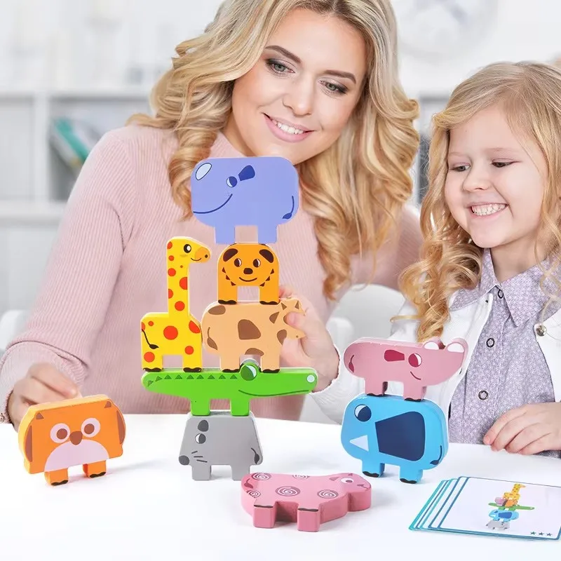 Wooden Toy Animal Stacking Balance Building Block Game Toys Montessori Educational Wooden Parent-Child Interactive Toys for Kids