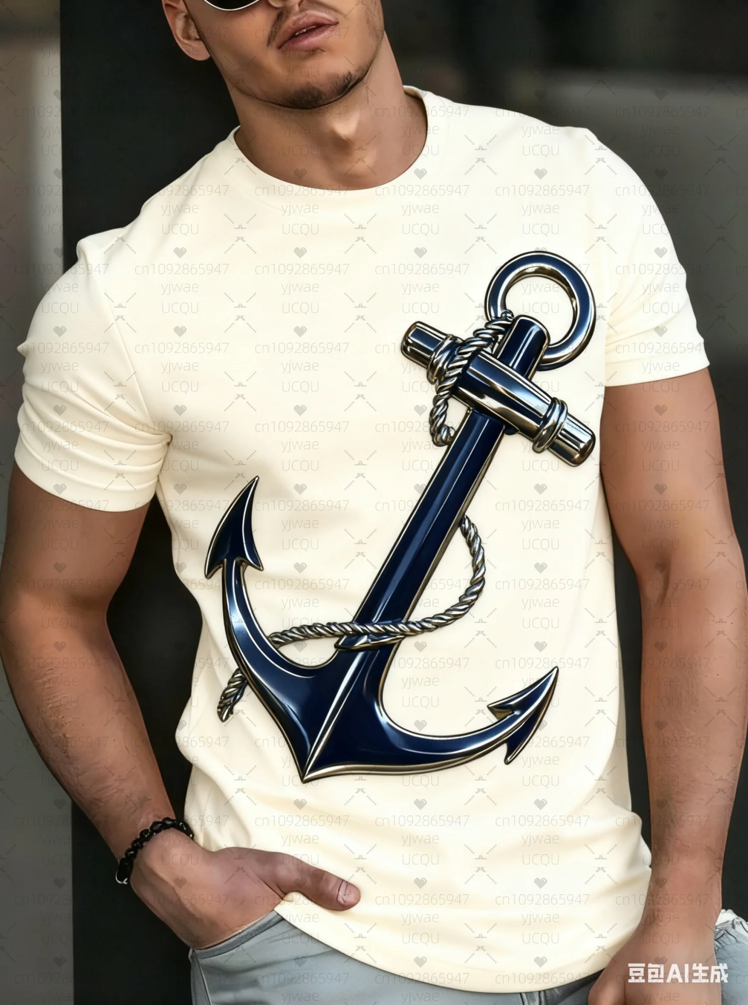 2025 Men American anchor print t-shirt polyester Short Sleeve Tee Loose Men's Short Sleeve T-shirts Oversized Crew Neck T Shirts