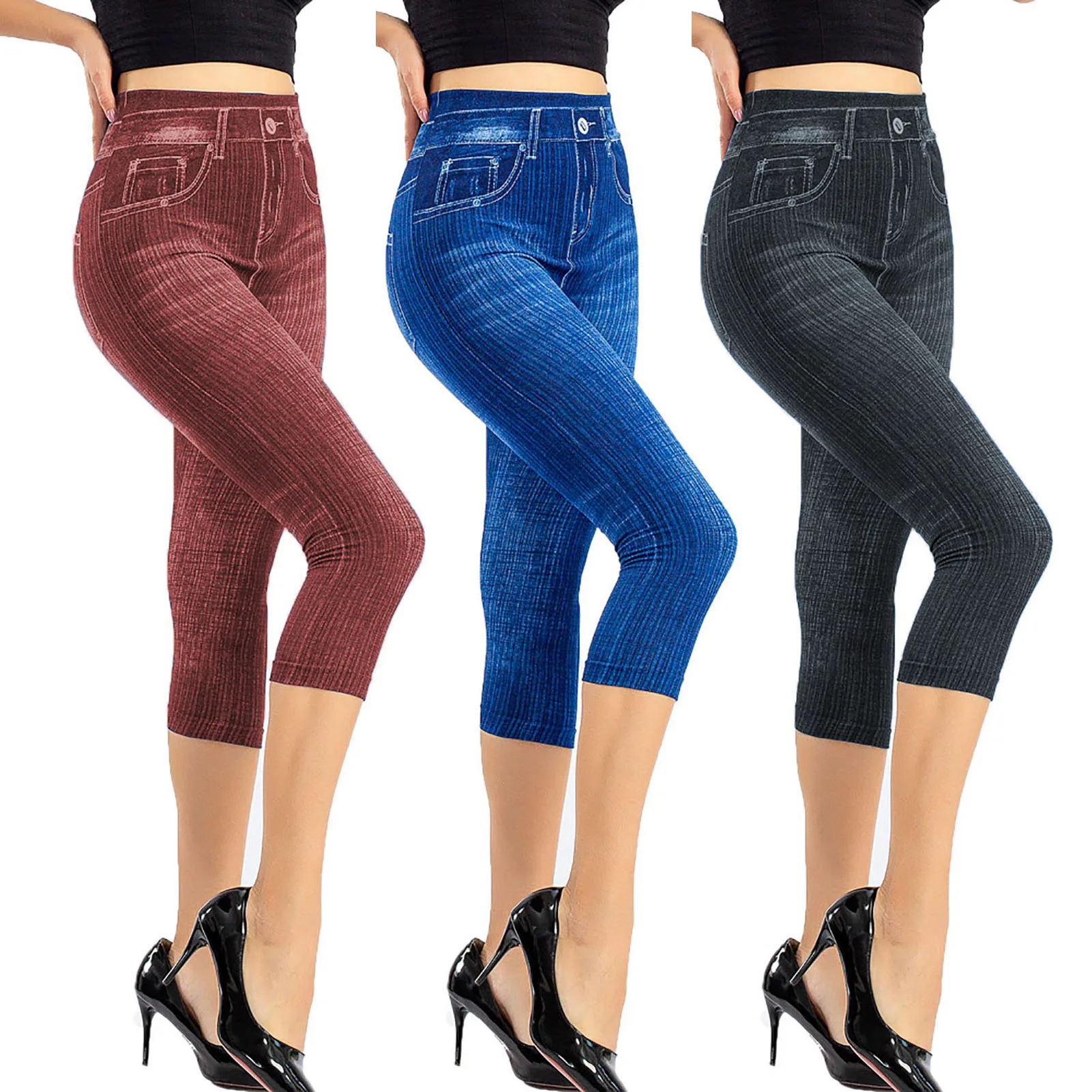 

Women Jeans Stylish Women's High Waist Cropped Jeans with Slimming Stripes Pockets Casual Mid-calf Length Trousers for Commuting