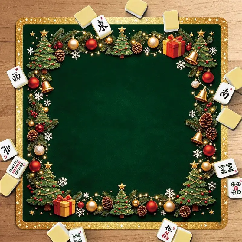 VIKAMA Christmas Mahjong Mat Green Border Red Center Gnome Sleigh Gift Bell Print Non Slip For Living Room Game Night Decor