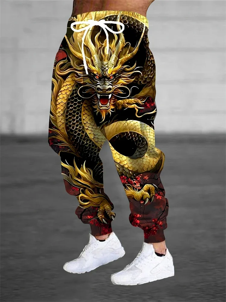 Herren-Jogginghose im 3D-Chinesischen Stil mit Doppel-Drachen-Print, lässige Trainingshose mit Kordelzug in der Taille, tailliert, Streetwear-Sporthose – Detail 8