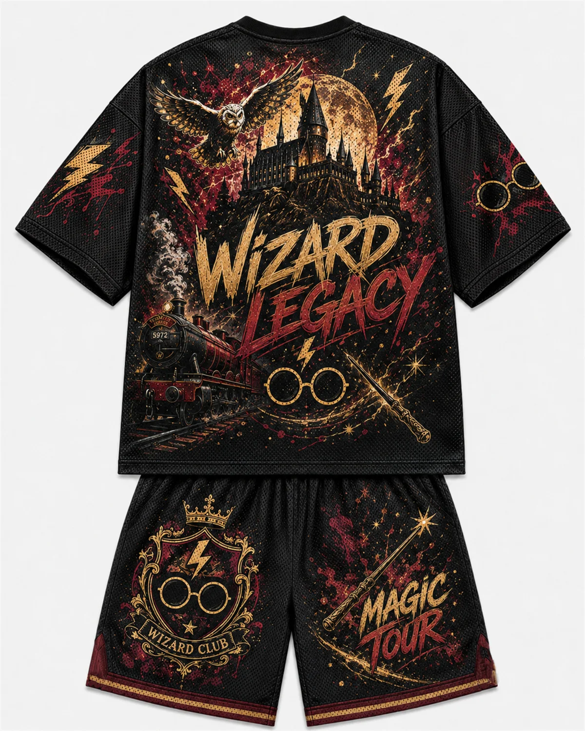 Magic School Wizard Graffiti Mesh T Shirt Shorts Set Men Women Hogwarts Themed Quick Dry Summer 2 Piece Streetwear Outfit