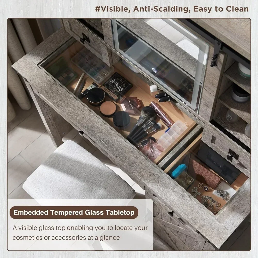 Penteadeira Farmhouse, penteadeira de bancada de vidro de 42 polegadas com 2 gavetas e prateleiras, incluindo cadeiras