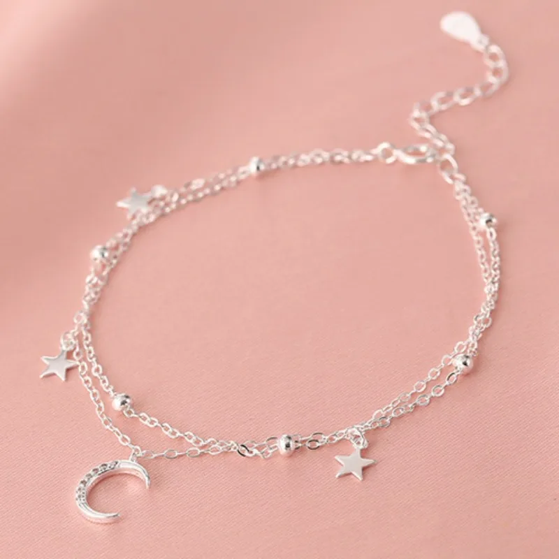 Sweet Temperament Sterling Silver Adjustable Star Moon Double-layer Bracelet for Women Summer Jewelry Accessories Gift Colorfast