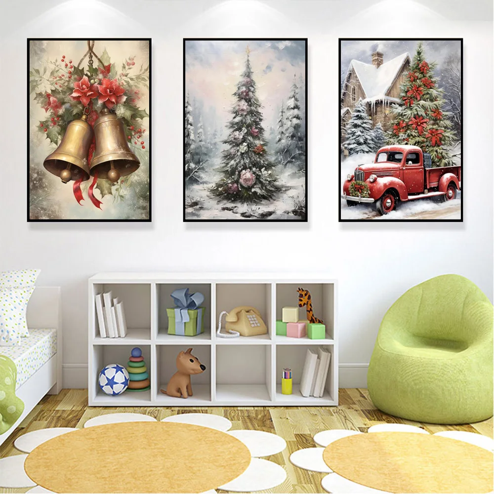 

Christmas Wall Decor Art Santa Claus Winter Poster And Prints Xmas Tree Snowman Deer Bell Canvas Painting For Festival Decor