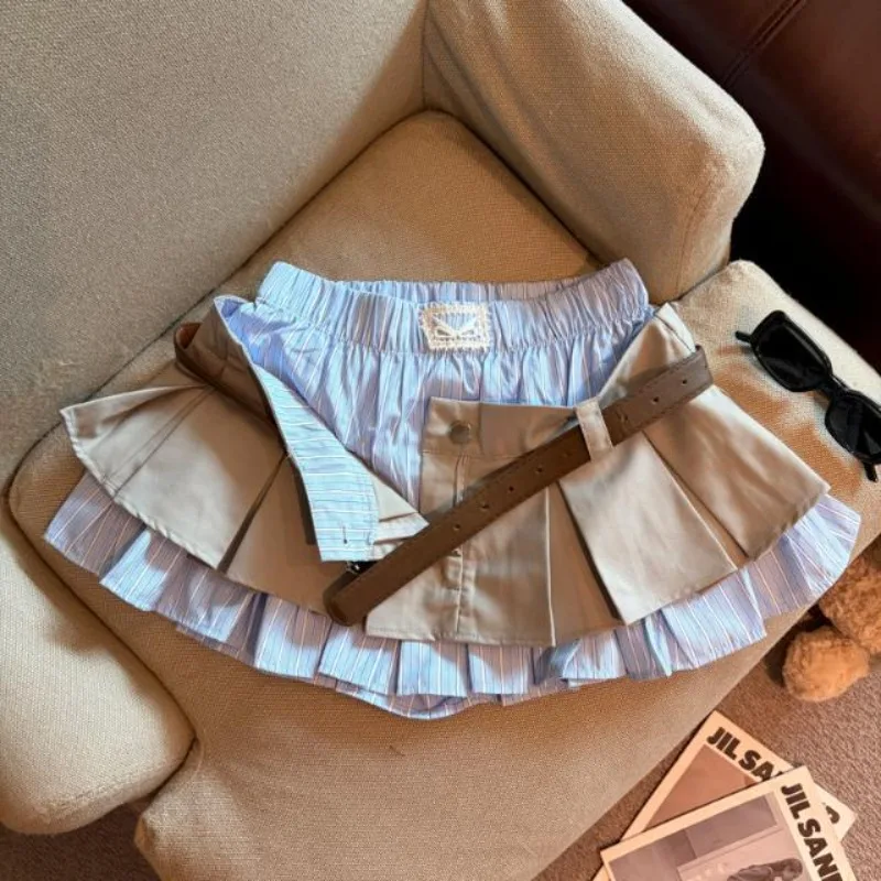 Fake Two-piece Splicing Striped Double-layer Skirt Women's Design Pleated Short Skirt Culottes
