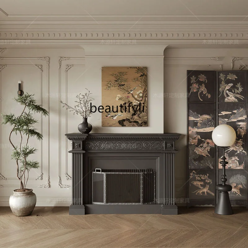 

French Style Solid Wood Carved Fireplace Cabinet American Black Decorative Entrance Wall Cabinet Display Shelf Storage Rack