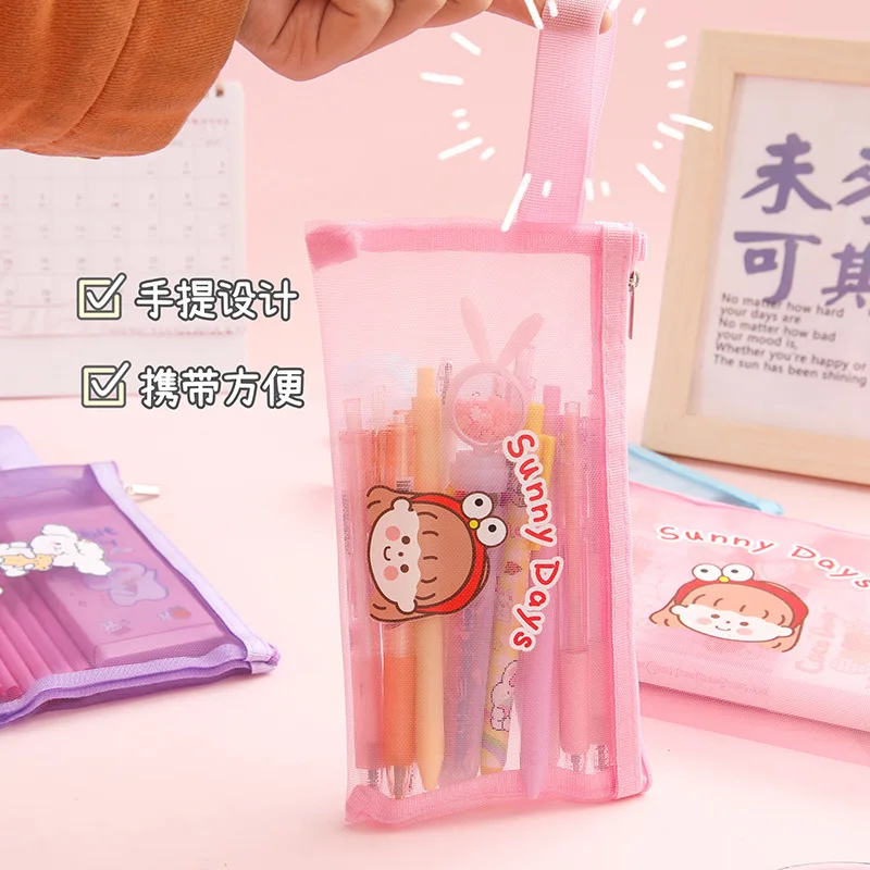 Tas Pensil Portabel Ritsleting Jala Kartun Tas Tutorial Belajar Penyimpanan Hati Gadis In Pelajar Tas File Kapasitas Besar