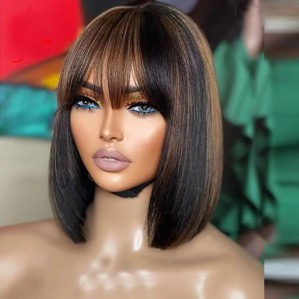 Quinluxwigs Short Bob Human Hair Highlight Wigs With Bangs Ombre 1B/30 Color 13X4 Hd Transparent Lace Front Wigs Brazilian