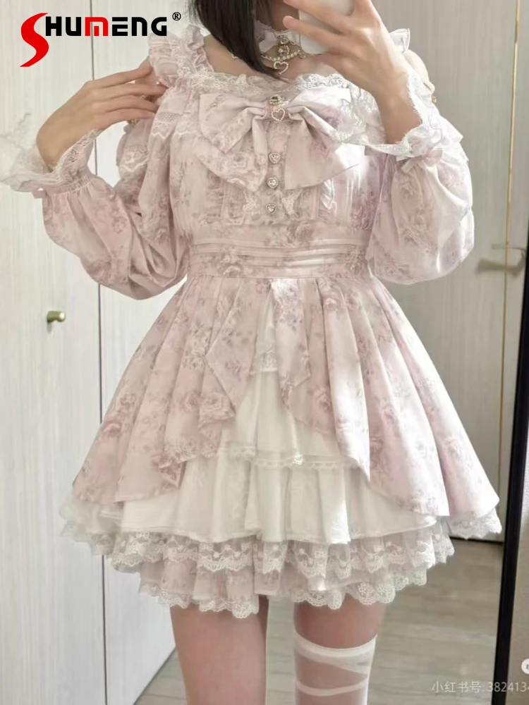 

Japanese Mass-produced Liz Rose Dress Set Sweet Cute Girl Bow Chain Long Sleeve Dress High Waist Skirts Two-piece Set Women