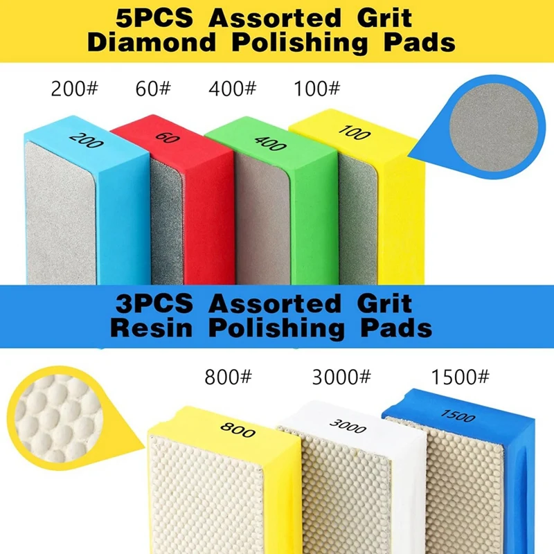 7 Pcs Diamond Hand Polishing Pads 60/100/200/400/800/1500/3000 Grit Diamond Sanding Pads Wet And Dry Sanding Block