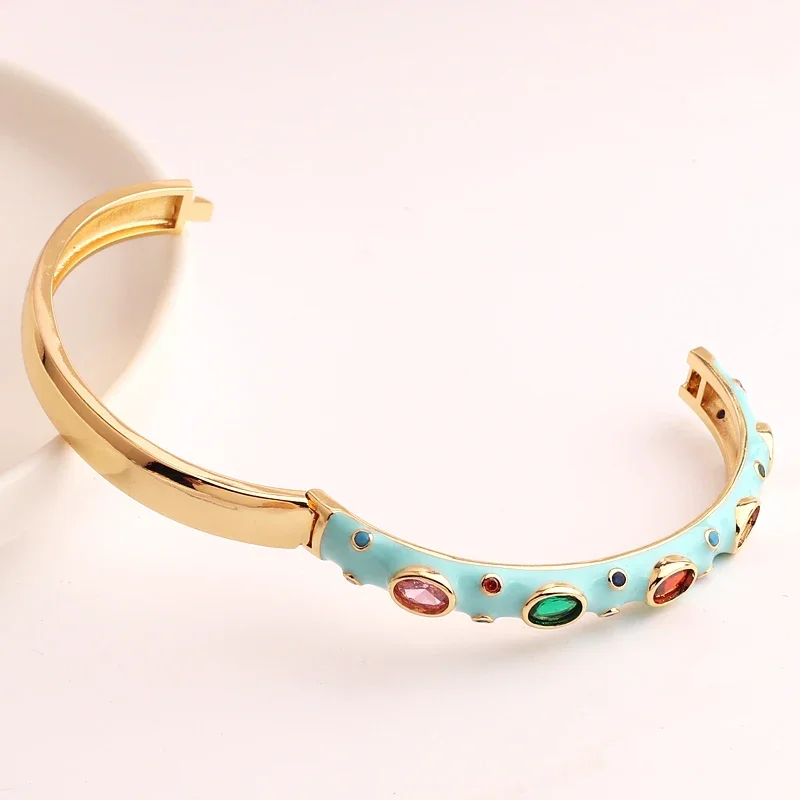 New Fashion 18k Gold Plated 5A Cubic Zirconia Bracelet For Women 7 Colors Candy Colorful Neon Enamel Rainbow CZ Bangle Gifts