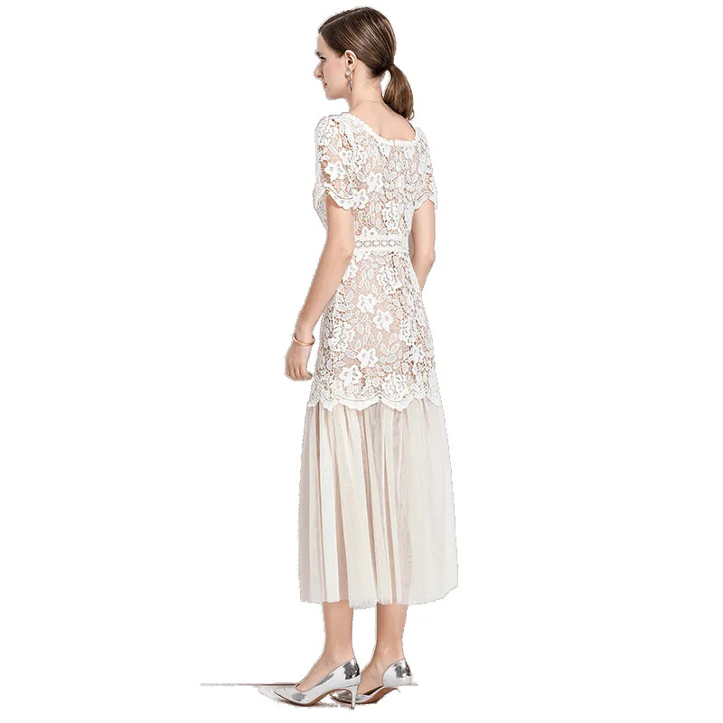 Ele Long Dr Lace Square Collar High-End Netting Splicing Ele Chic Sle Autumn Season oulder Baring Midi Dr