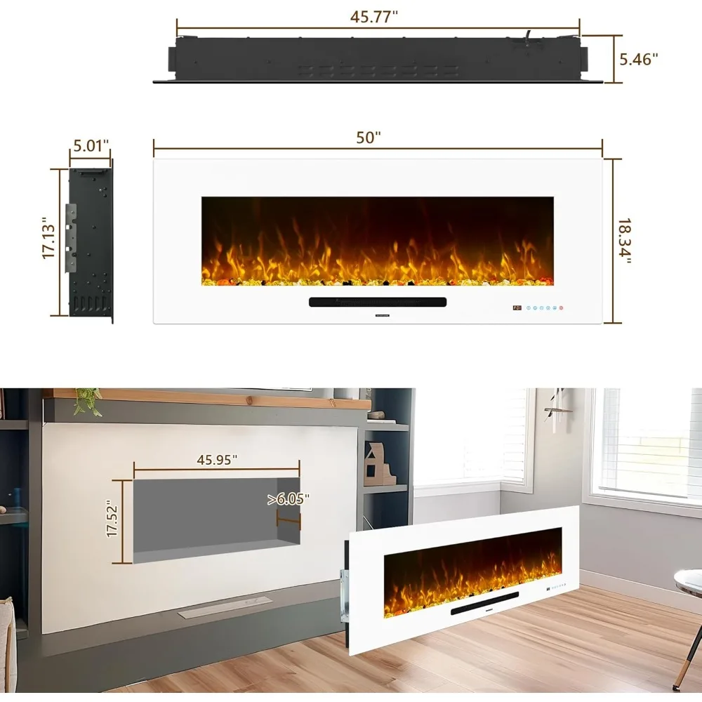50-Inch Electric Fireplace Heater, Wall-Mounted with Remote Control, 750W/1500W Thermostat, and Multicolor Flame Options