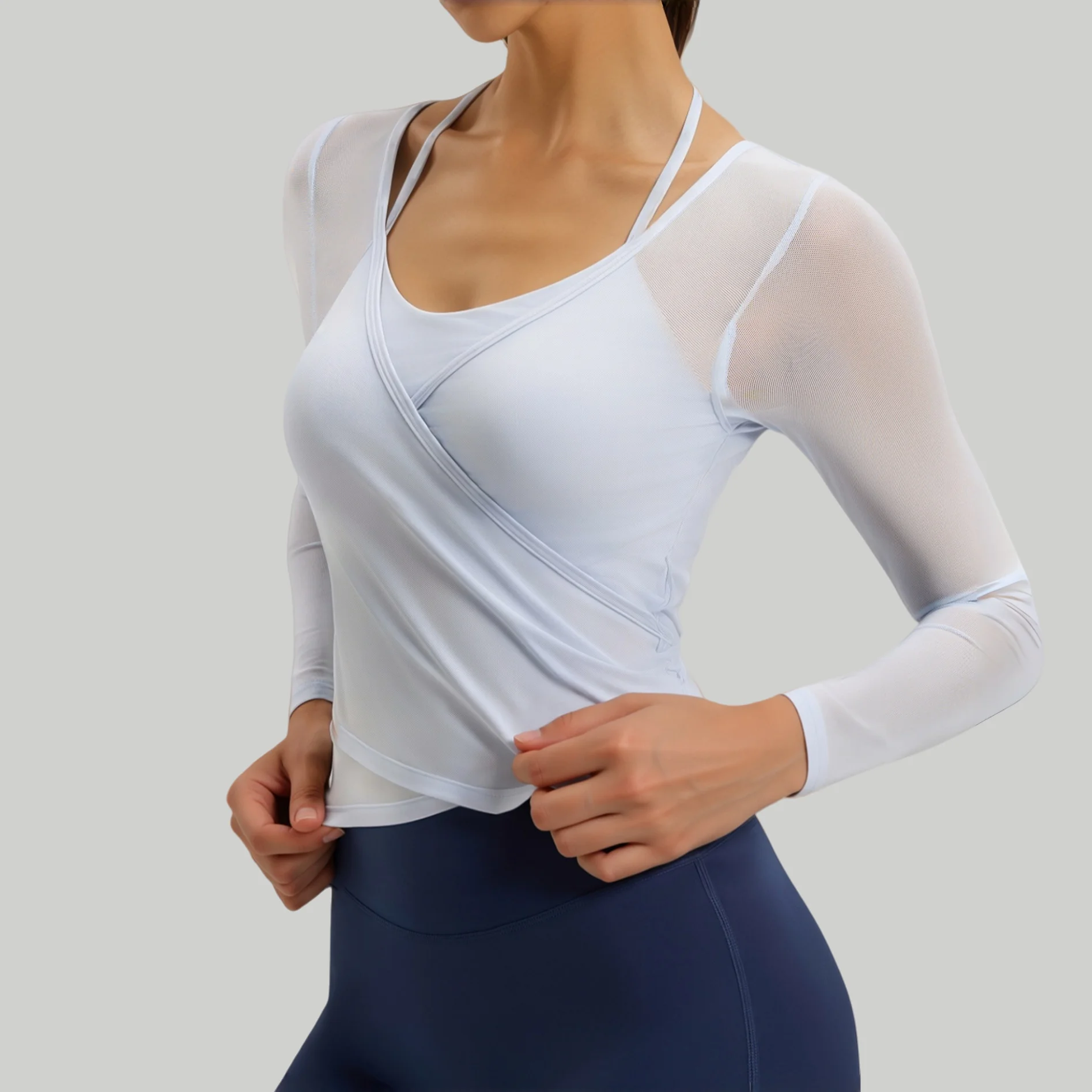 

Сетчатая двухсекционная рубашка для йоги для женщин, рубашка для спортзала и фитнеса с длинными рукавами, дышащий спортивный топ для похудения с фиксированной накладкой на грудь