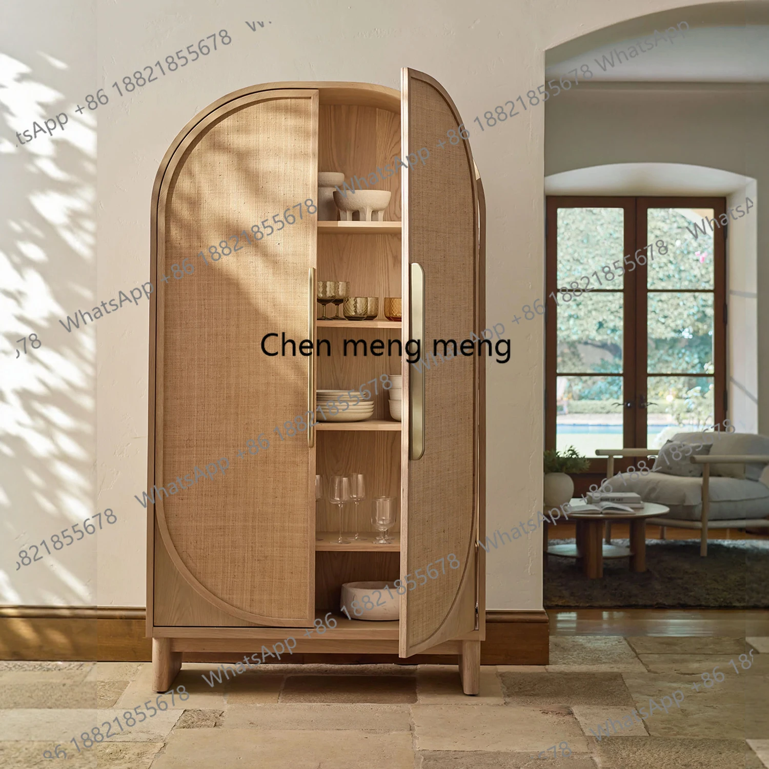 

Retro solid wood rattan dining side cabinet, living room bedroom arched storage, double door storage, wardrobe