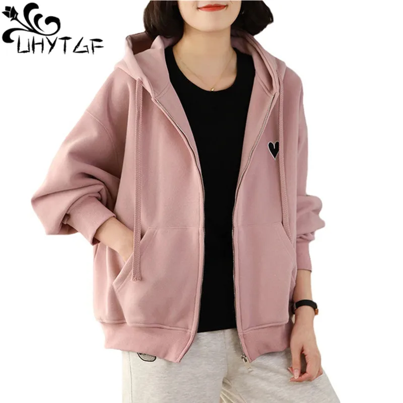 

Hoodie Women Coat Mid-Length Hooded Top Simple Versatile Autumn Jacket Female Love Heart Embroidered Casual Sweatshirt Women 510