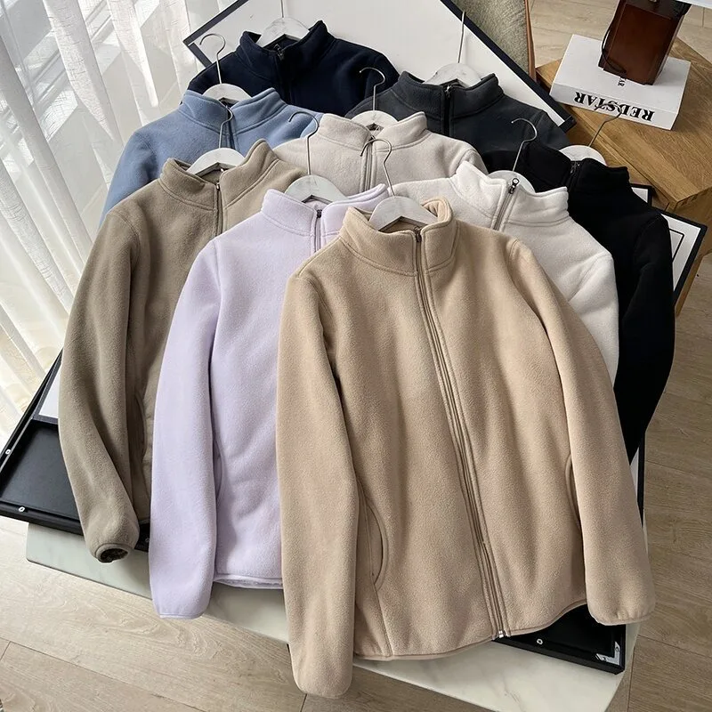 Real Photo Winter Men Women Blank Jackets Double Layered Composite Lamb Fleece Stand Up Collar Coats Couple Street Cleanfit