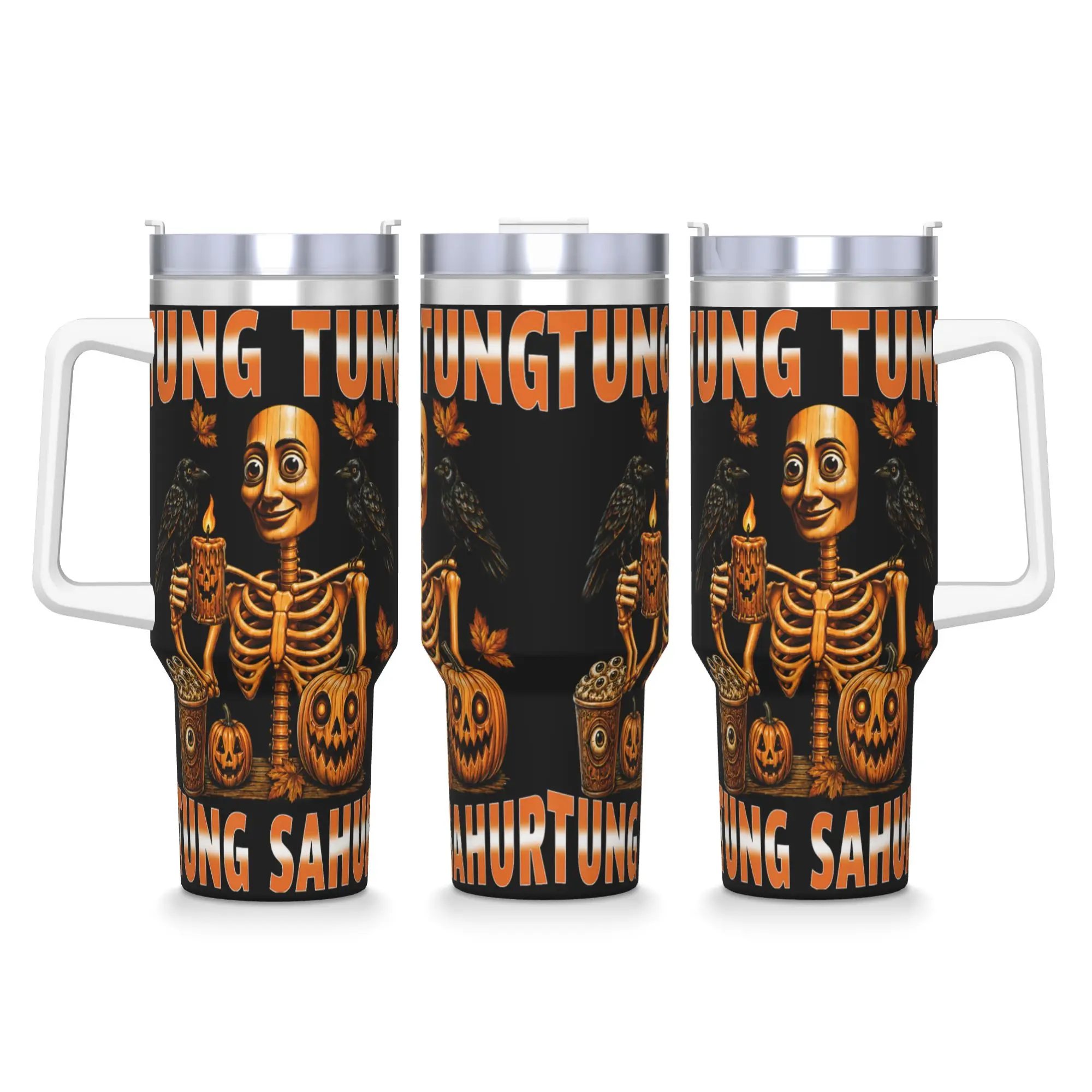 Vintage Halloween Skeleton Tung Tung Sahur Pumpkin Stainless Steel Tumbler Travel Car Mugs Large Capacity Coffee Mug