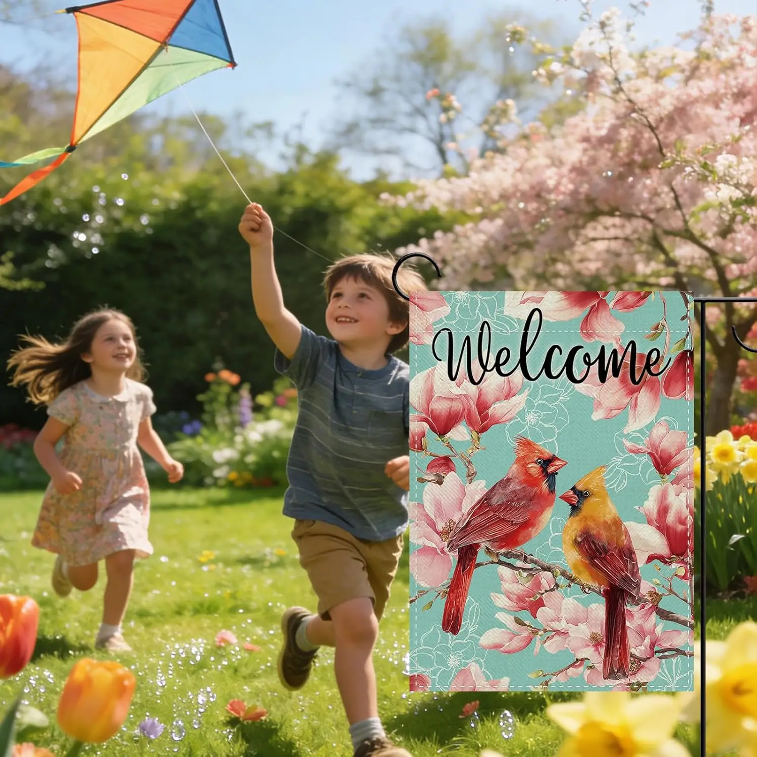 Welcome Spring Summer Cardinal Floral Decorative Garden Flag, Red Birds Pink Magnolia Flower Small Yard Outside Decorations, WWP