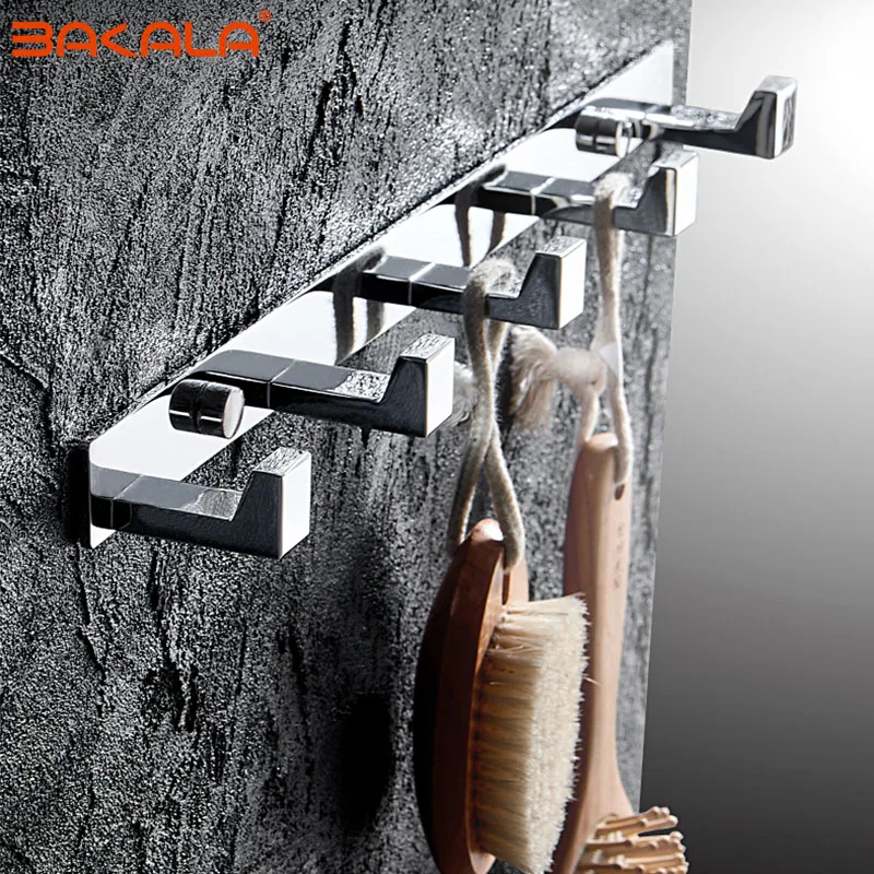 BAKALA Luxury Chrome Single Hook Square Solid Brass Coat Hook Door Back Hook Bathroom Kitchen Hooks 1/2/3/4/5/6Towel hook