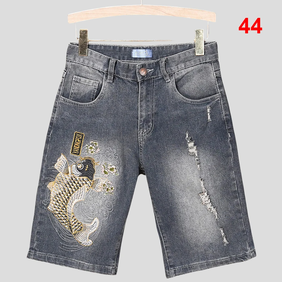 

44 Plus Szie Denim Shorts Men Summer Fish Embroidery Jean Shorts Fashion Streetwear Carp Embroidery Short Pants Male Big Size 44